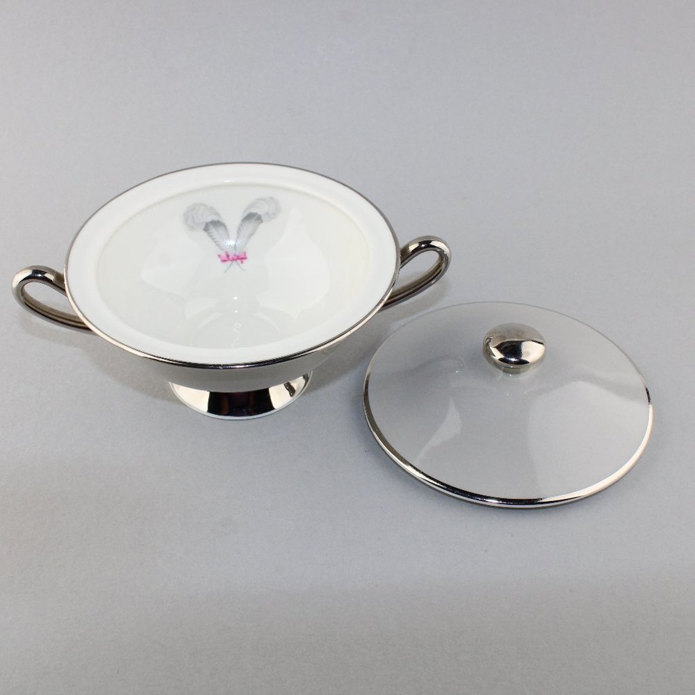 Syracuse China Coronet Pattern Sugar Bowl & Lid - Gray Feathers w/ Pink Bow